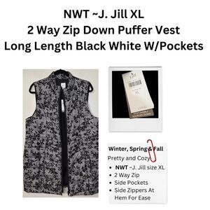 NWT - J.JILL 2 Way Zip LONG DOWN PUFFER VEST, XL Black White w/ Zip POCKETS